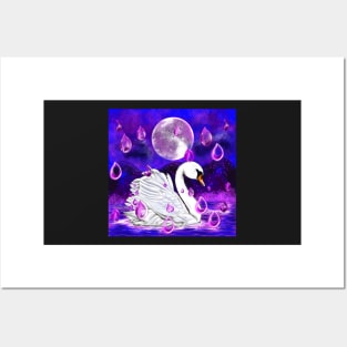 Blue and purple beautiful swan with rain drops falling into Water Posters and Art